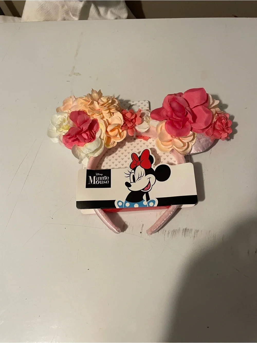 Disney Satin Pink Minnie Ear Headband with Pastel Flower Accents